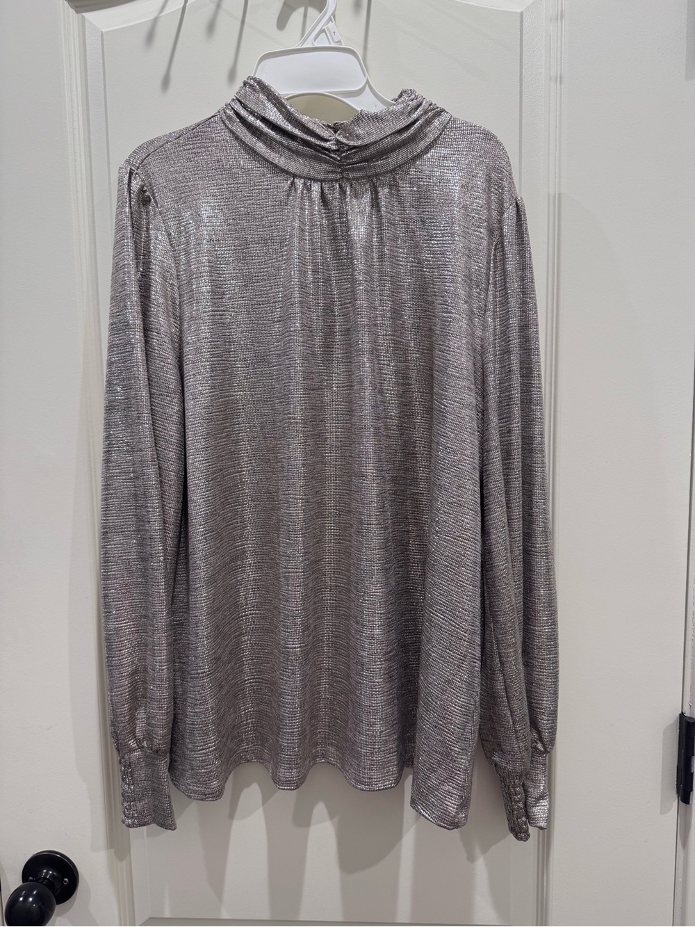 Skies Are Blue Silver Metallic Mock Neck Long Sleeve Top